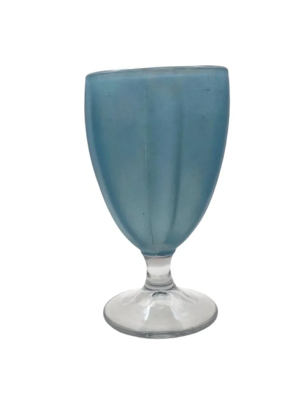 Vintage Iridescent Blue Glass Ribbed Goblet With Clear Stem Mid-Century Modern
